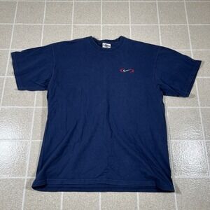 Vintage 90s Nike Mini Swoosh T Shirt Mens Large White Tag Made in USA Navy